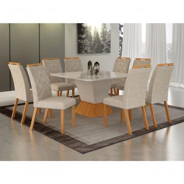 Imagem de Conjunto de Jantar Larissa 8 Cadeiras Tampo em MDF Copo Off com Bordado Geométrico Cinamomo 135CM Leifer Móveis