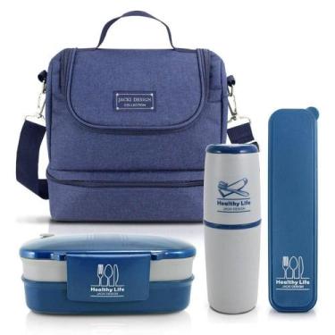 Imagem de Kit Bolsa Térmica 2 Andares, Marmita, Porta Talheres E Porta Escova Az