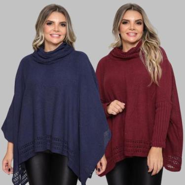 Imagem de Kit 2 Poncho Feminino Tricot Liso Gola Alta Casaco Lã Inverno - GIP, M