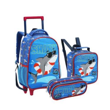 Imagem de Kit Mochila Rodinhas Tubarão Lancheira Estojo Azul Escolar Infantil Se