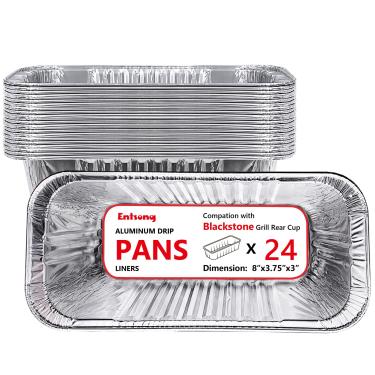 Imagem de Entsong (Pacote com 24) Substituição para forros de bandeja coletora Blackstone, revestimento traseiro para copo de graxa compatível com Blackstone 91,44 cm L 71,12 cm L 76,24 cm L 55,88 cm L 43,18 cm Bandeja de graxa de alumínio descartável resistente