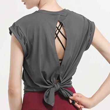 Imagem de Camiseta esportiva feminina vazada nas costas com decote oco manga curta colete de secagem rápida corrida fitness ioga blusas soltas(Small)(Cinza escuro)