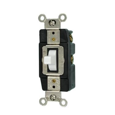 Imagem de Leviton 1256 15 Amp, 120/277 Volts, interruptor silencioso CA de dois polos, alternar entre dois lados, contato momentâneo, grau de especificação extra resistente, aterramento, traseira e lateral, branco
