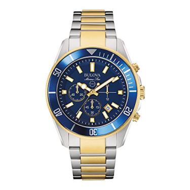 Imagem de Bulova Relógio masculino Marine Star cronógrafo de quartzo, marcadores luminosos, mostrador giratório, 100 m, resistente à água, 43 mm, Mostrador de dois tons de ouro/azul, Pulseira de aço inoxidável de dois tons com cronógrafo de estrela marinha