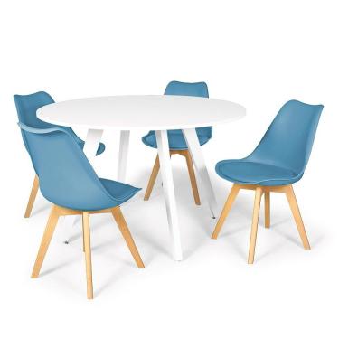 Imagem de Conjunto Mesa de Jantar Redonda Amanda Branca 120cm com 4 Cadeiras Eiffel Leda - Turquesa