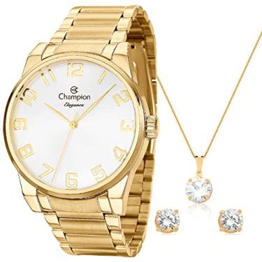 Imagem de Relógio Feminino Dourado Champion Elegance CN27652W Prova D Agua + Colar e Brincos