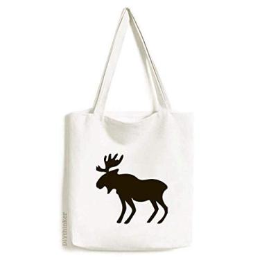 Imagem de Bolsa de lona preta de alce bonito com retrato de animal bolsa de compras casual