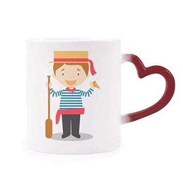 Imagem de Caneca de grés azul branca listrada Itália com desenho sensível ao calor vermelha que muda de cor