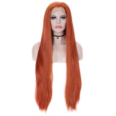 Imagem de Peruca de cabelo liso sintética com tela frontal, perucas laranjas femininas, fibra resistente ao calor, cabelo natural