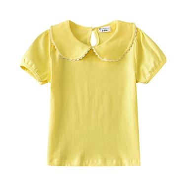 Imagem de Camiseta feminina de verão pequena renda fresca manga curta lapela manga curta cor sólida para 0 a 6 roupas de verão infantil (amarelo, 3-4 anos)