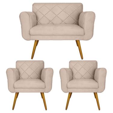 Imagem de Jogo Namoradeira e 2 Poltrona Decorativa Para Recepção Isabella Corano Bege - LM DECOR