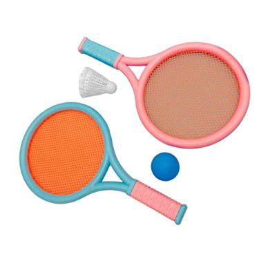 Imagem de Raquete de badminton infantil, conjunto de raquete de tênis infantil, antiderrapante, 2 raquetes, 2 bolas elásticas para exercícios para presentes (azul e rosa)