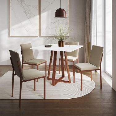 Imagem de Conjunto De Jantar Mesa Mônaco 90Cm Tampo Branco Com 4 Cadeiras Bege Base Cobre - Cor:...