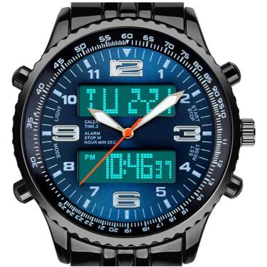 Imagem de VIGOROSO Masculino LED Analog Digital Date Week Sports Outdoor Steel Blue Dial Watch