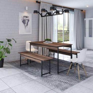 Imagem de Conjunto Mesa de Jantar com 2 Banco e 2 Cadeiras Eames Base Madeira Espresso Móveis Nogal/Branco