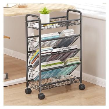 Imagem de Carrinho de livros com rodinhas, estante móvel com rodas, carrinho organizador de armazenamento de mesa compacto, estantes de metal de chão/prateleira de canto, porta-revistas para espaço estreito (