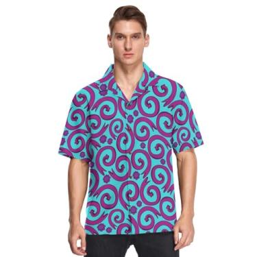 Imagem de Camisa masculina havaiana manga curta botão roxo redemoinhos flores azul elegante camisa de vestir para hombre, Redemoinhos roxos flores azuis, M