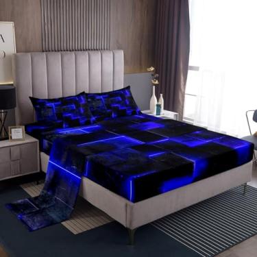 Imagem de Erosebridal Jogo de lençol King abstrato azul marinho preto degradê quadrado geométrico quadriculado neon jogo de cama King brilhante xadrez 3D moderno decoração de quarto 4 peças