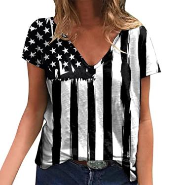Imagem de 4th of July Tops for Women American Flag Stars Stripes Print Graphic Shirts Túnica Patriótica Solta Gola V Blusa Verão, Preto, P