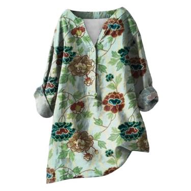 Imagem de Camiseta feminina de linho, estampa floral, gola V, botões, caimento solto, casual, túnica, camisa para sair, Verde menta, M
