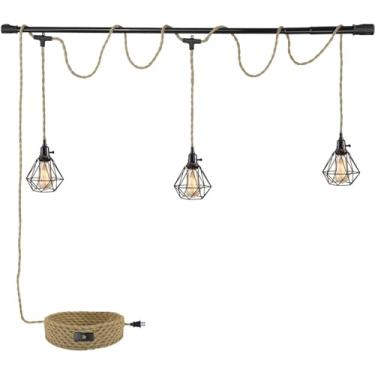 Imagem de KENMI Luz suspensa de 3 luzes com cabo de encaixe, luminária pendente de 6,7 m, corda de cânhamo, vintage, 3 luzes, luminária pendurada em gaiola de metal para cozinha, ilha, sala de estar, quarto