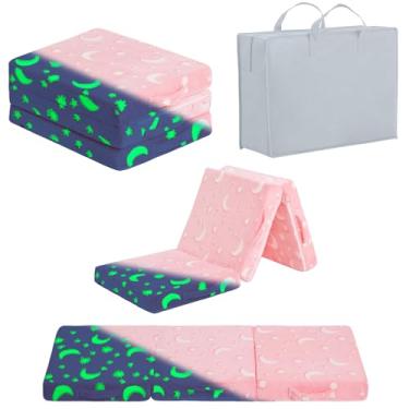 Imagem de Givjoy Colchão Dobrável Infantil Triplo, Tapete de Cochilo, Sofá-Cama Futon com Bolsa de Armazenamento, Brilha no Escuro, Lavável, para Crianças e Bebês, Lua Rosa