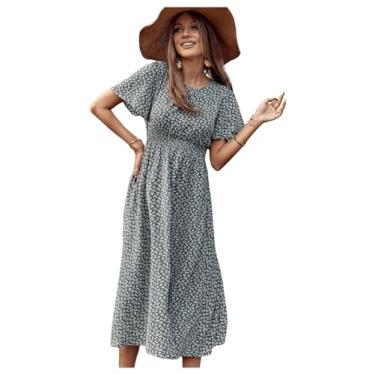 Imagem de Floerns Vestido maxi feminino casual com estampa floral, gola redonda, manga curta, linha A, Verde multi, G