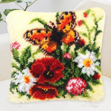 Imagem de Kits de confecção de fronha com gancho de trava, crochê artesanal para adultos, faça você mesmo, capa de almofada, artesanato felpudo, flores e borboletas, padrão de bordado, kits de ponto c