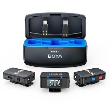 Imagem de BOYA Microfone de lapela sem fio MIC, para iPhone, iPad, Android, câmera com cancelamento de ruído, vida útil da bateria de 10 h, alcance de 200 metros, microfone de lapela sem fio para podcast,