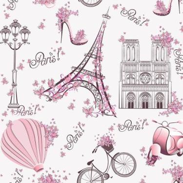 Imagem de Papel de Parede Infantil Paris Fundo Rosa claro Lambretas E Flores 1 M