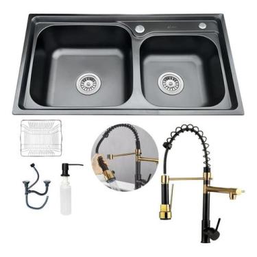 Imagem de Kit Cuba Pia Cozinha Gourmet Dupla E Torneira 2 Saídas - Brinovar