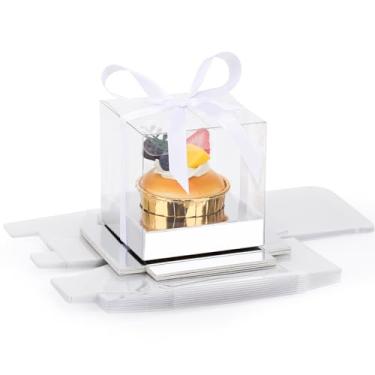 Imagem de EUSOAR Embalagem transparente para cupcake, 12 peças de caixa de cupcake alta individual de plástico de 8,5 cm, suporte de cupcake transparente único com fita e inserções para lembrancinha de festa de
