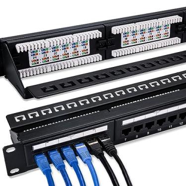 Imagem de 6COMGIGA Patch Panel de 24 portas RJ45 Cat6 com barra traseira removível, suporta terminações 110 e Krone, painel de patch de rede 1U de 48 cm para cabeamento Cat6, Cat5e, Cat5