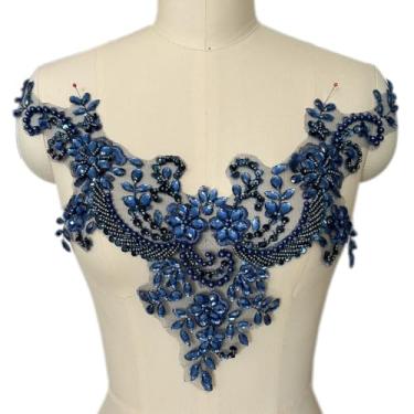 Imagem de Succi Shan Remendos de pérolas de contas de flores de renda, apliques de strass costurados para decote de roupas sociais (azul escuro)