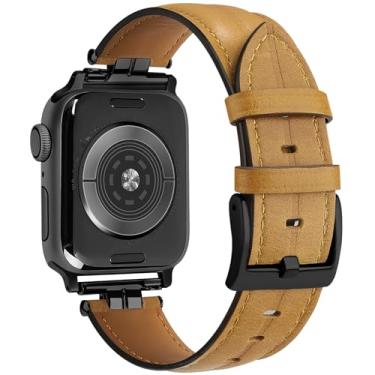 Imagem de mxiixnai Pulseira de couro compatível com Apple Watch séries 10/9/8/7/6/5/4/3/2/1/se (38 mm, 40 mm, 41 mm, 42 mm, cáqui/preto)