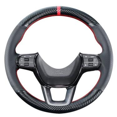 Imagem de Kivnto Capa de volante de fibra de carbono DIY para Honda Civic 11ª geração 2022, 15 cm, microfibra / couro artificial + fibra de carbono marcador vermelho faixa, costura vermelha e fio vermelho