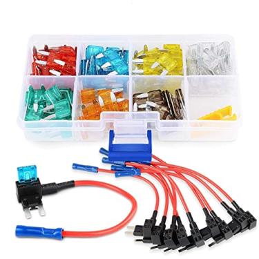 Imagem de Nilight Pacote com 10 adaptadores de torneira de fusível de 12 V para carro Adicionar circuito, mini ATM APM, lâmina de fusível com 120 peças kit sortido de mini lâminas (5, 7,5, 10, 15, 20, 25, 30) AMP para carros, caminhões, barcos, 2 anos de garantia