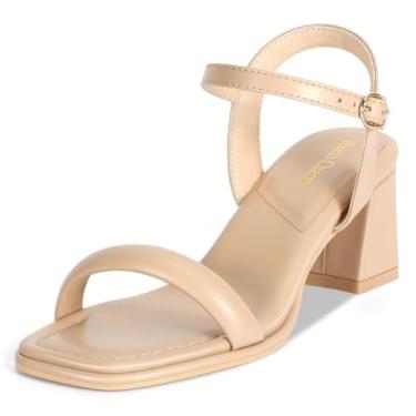 Imagem de Heels Charm Sandália feminina de salto grosso, salto alto, 6 cm, bico aberto, tira no tornozelo, salto alto, sandália para dança, uso diário, trabalho, festa, Nude., 35