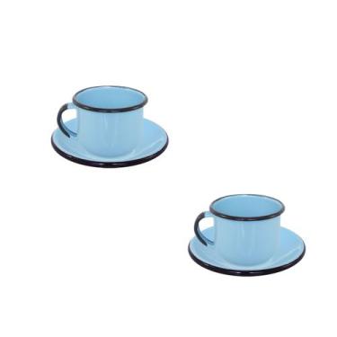 Imagem de Par Xícara 240ml c/ Pires Esmaltados Premium Café Azul Claro - Ewel