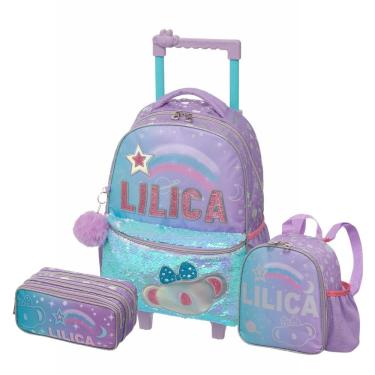 Imagem de Kit Mochila Rodas Lilica Make a Wish Lancheira Estojo Triplo
