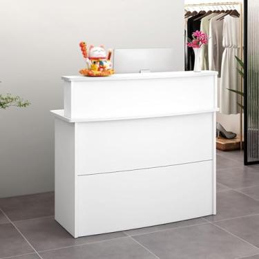 Imagem de Mesa de recepção com balcão, mesa de balcão de recepção com gavetas bloqueáveis, para salão de beleza, supermercado, loja de conveniência, loja de roupas, loja de chá de leite, empresa, branca, 100 cm