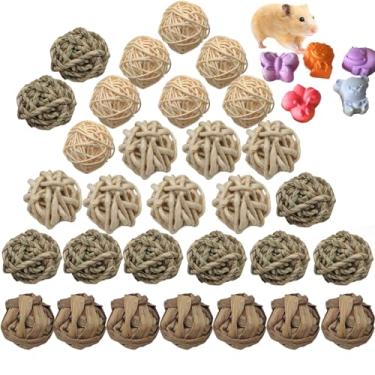 Imagem de 30 peças de brinquedo para animais pequenos, brinquedos para mastigar coelhos, roer brinquedos, bola de grama, acessórios de gaiola para animais de estimação para hamsters, gerbos, coelhos, coelhos e