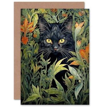 Imagem de Gato preto escondido em canteiro de flores estilo William Morris para esposa dela mãe irmã filha mãe avó dia das mães aniversário obrigado arte em branco cartão de felicitações