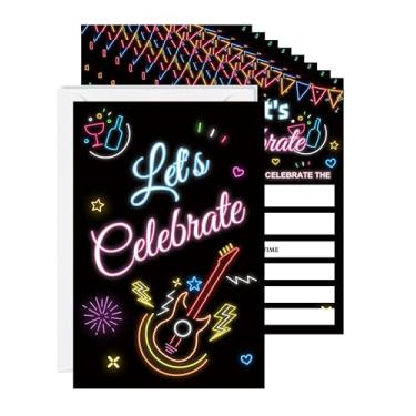 Imagem de Pop Resin Let's Celebrate Rainbow Neon Cartões de convite de aniversário dupla face - 10 x 15 cm Cartões de convite de preenchimento com envelopes Neon Cartões de convite de aniversário para meninos