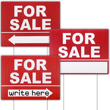 Imagem de Pacote com 3 placas de venda de 30,5 x 40,6 cm com postes de sinalização de venda de imóveis de plástico ondulado vermelho branco dupla face com seta direcional para suprimentos de agentes