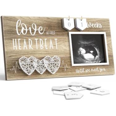 Imagem de Porta-retrato de ultrassom para bebês com contagem regressiva de semanas – design de 3 corações, foto de ultrassom de 10 cm x 7,6 cm, anúncios de gravidez, presente de chá de bebê revelado por gênero,
