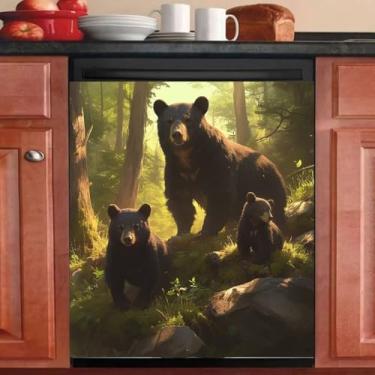 Imagem de Mamãe Urso e Urso Cozinha Lava-louças Capa Decorativa 58,4 cm x 66 cm, Black Bears Capa Magnética para Porta de Geladeira, Painel Magnético para Lava-Louça, (2 Filhotes) Magnético
