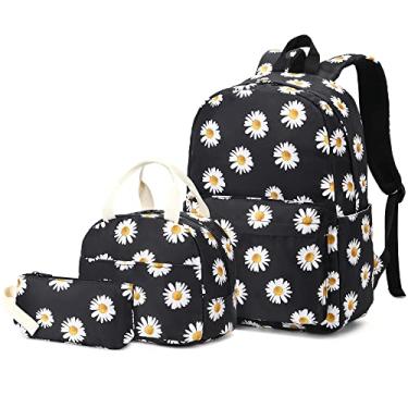 Imagem de Conjunto de mochila escolar para meninas, bolsa escolar para crianças adolescentes com lancheira, Margarida, preta, Large