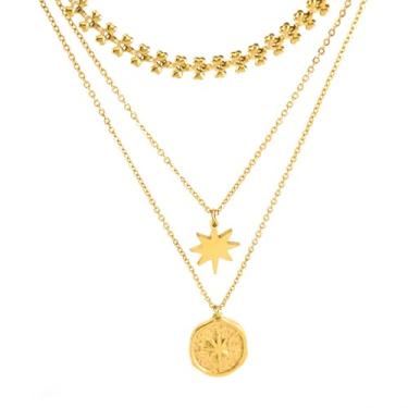 Imagem de NALISASA Gargantilha feminina banhada a ouro 14 K, colar de estrela de Davi para mulheres, colar de corrente de flores em várias camadas, joias modernas para mulheres, Medium, Titânio, Sem Pedra