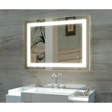 Imagem de Espelho Led na cor frio neutro e quente com desembaçador banheiro Parede retangulo Decorativo 70x50 cm jateado inteligente anti embaçamento lapidado iluminado retangular leds